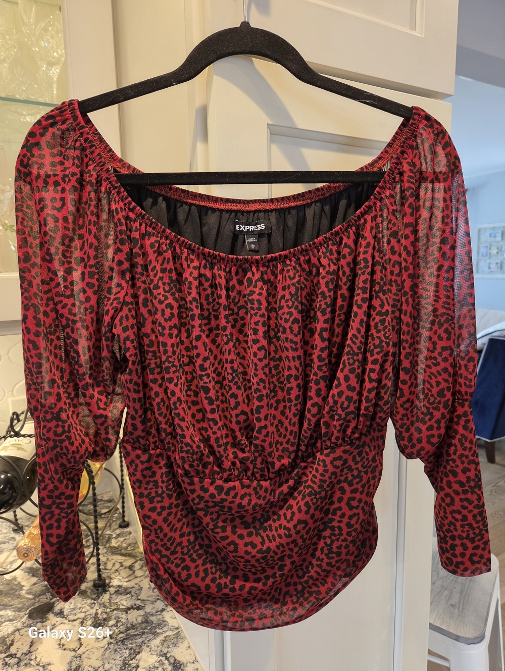 Express Red and Black Leopard-Print Off-Shoulder Blouse Sz L